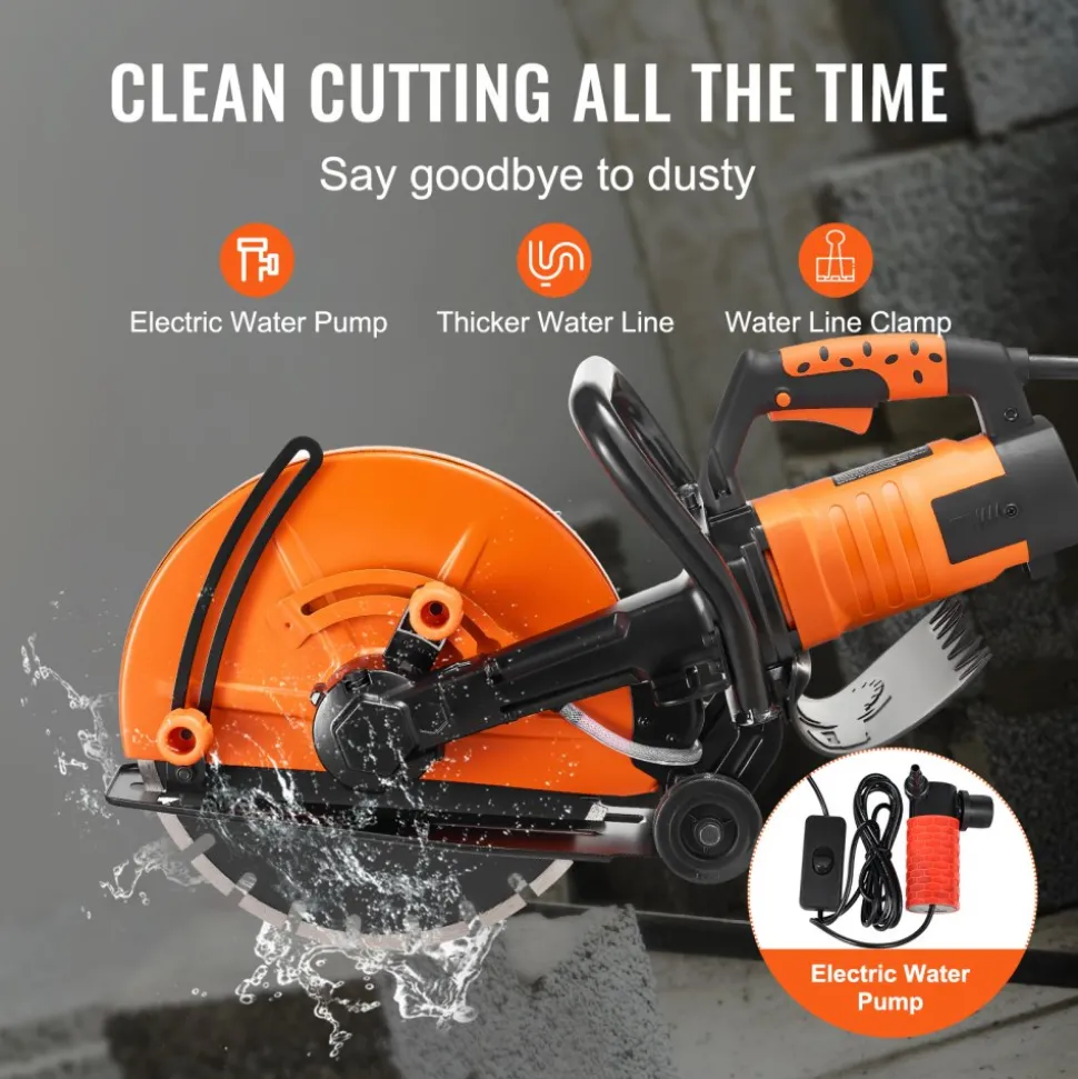 VEVOR Electric Concrete Saw, 14 in, 3200 W Motor Circular Saw Cutter with Max. 5 in Adjustable Cutting Depth, Wet Disk Saw Cutter Includes Water Line, Pump and Blade, for Stone, Brick