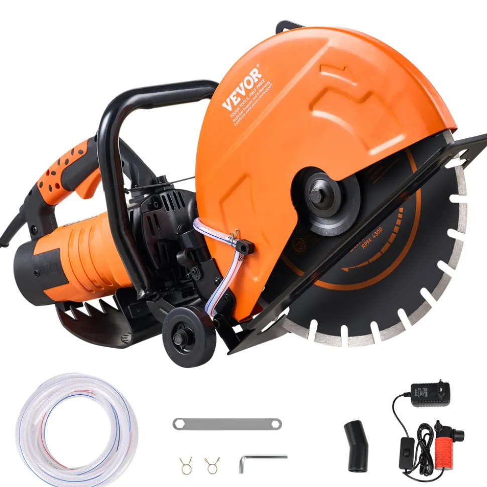 VEVOR Electric Concrete Saw, 14 in, 3200 W Motor Circular Saw Cutter with Max. 5 in Adjustable Cutting Depth, Wet Disk Saw Cutter Includes Water Line, Pump and Blade, for Stone, Brick