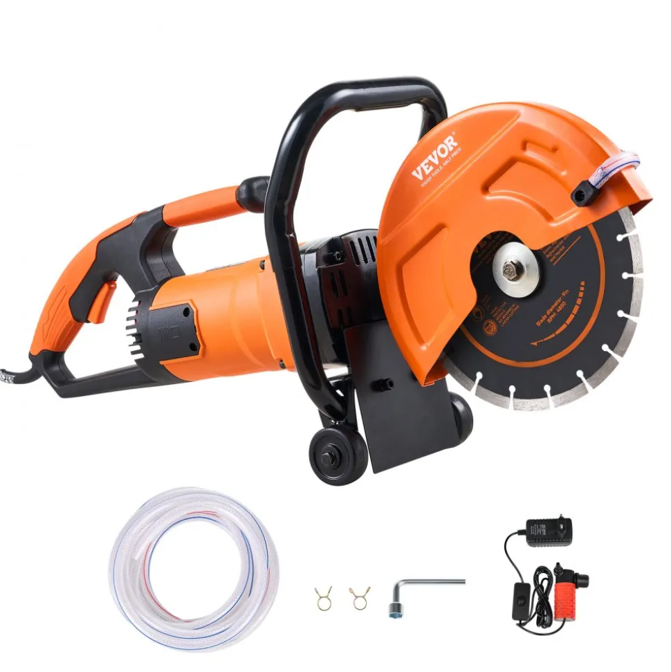 VEVOR Electric Concrete Saw, 9 in, 1800 W Motor Circular Saw Cutter with 3.5 in Cutting Depth, Wet/Dry Disk Saw Cutter Includes Water Line, Pump and Blade, for Stone, Brick