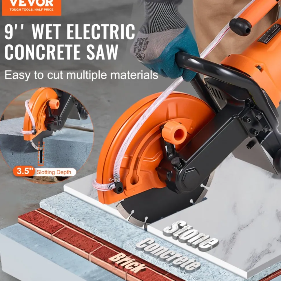 VEVOR Electric Concrete Saw, 9 in, 1800 W Motor Circular Saw Cutter with 3.5 in Cutting Depth, Wet/Dry Disk Saw Cutter Includes Water Line, Pump and Blade, for Stone, Brick