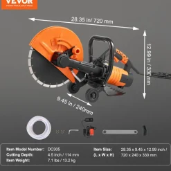 VEVOR Electric Concrete Saw, 12 in, 1800 W Motor Circular Saw Cutter with Max. 4.5 in Adjustable Cutting Depth, Wet Disk Saw Cutter Includes Water Line, Pump and Blade, for Stone, Brick