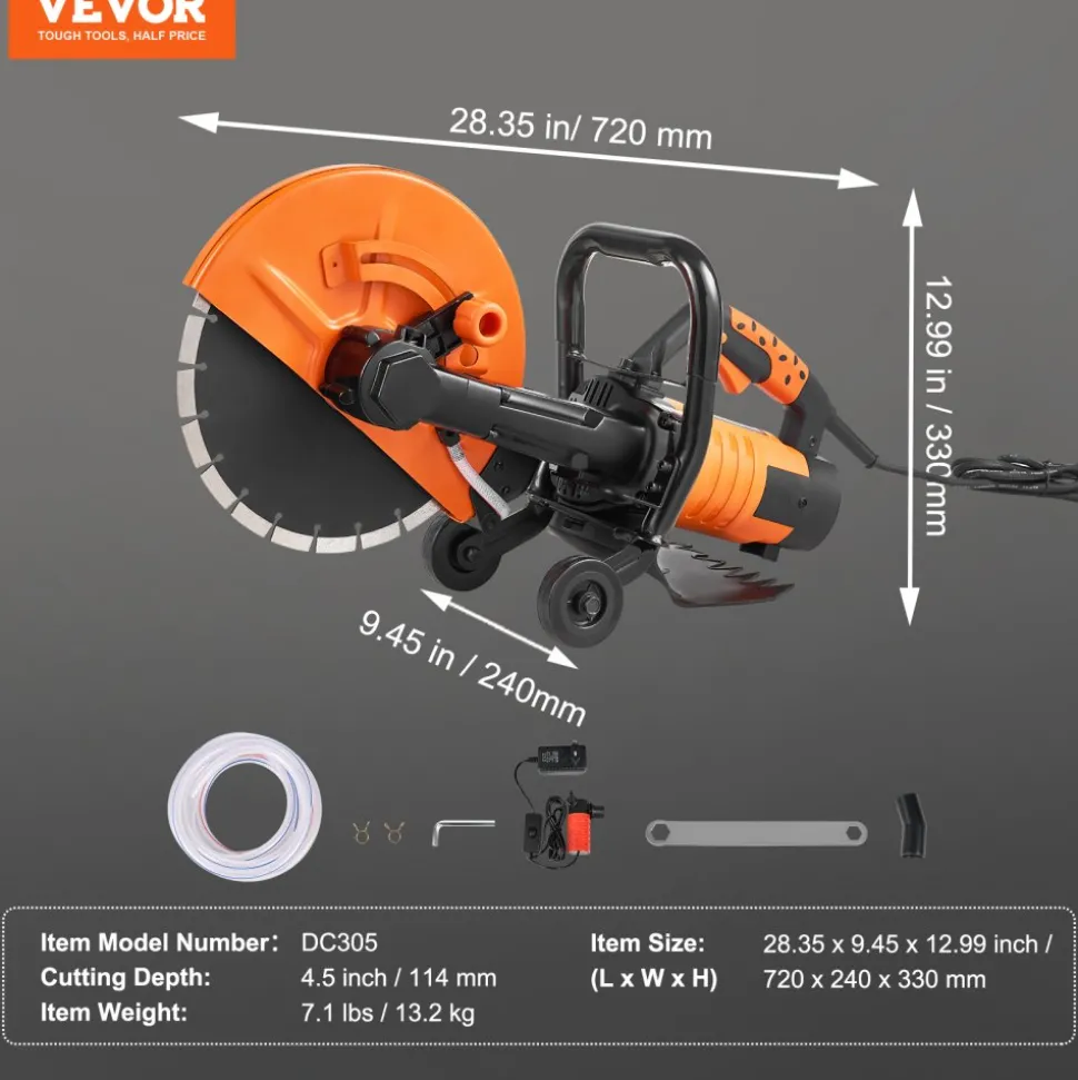 VEVOR Electric Concrete Saw, 12 in, 1800 W Motor Circular Saw Cutter with Max. 4.5 in Adjustable Cutting Depth, Wet Disk Saw Cutter Includes Water Line, Pump and Blade, for Stone, Brick
