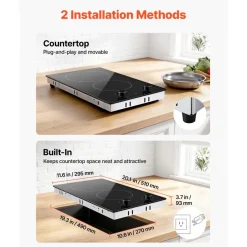 VEVOR Electric Cooktop 12in 2 Burners Portable Stove Top 1800W 120V Plug In, Ceramic Countertop/Built-in Radiant Electric Stove , with 11 Power Levels, Over-Heat Guard, Knob Control
