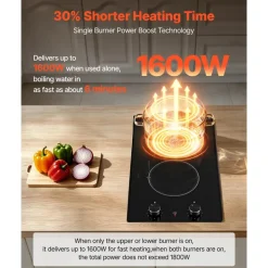 VEVOR Electric Cooktop 12in 2 Burners Portable Stove Top 1800W 120V Plug In, Ceramic Countertop/Built-in Radiant Electric Stove , with 11 Power Levels, Over-Heat Guard, Knob Control