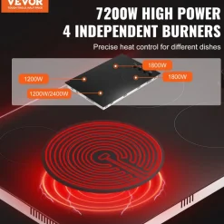 VEVOR Electric Cooktop, 30 inch 4 Burners Built-in Electric Stove Top, 7200W Ceramic Top Radiant Cooktop, with Glass Panel, Knob Control, 11 Heat Levels, 220-240V, Hard Wire (No Plug)