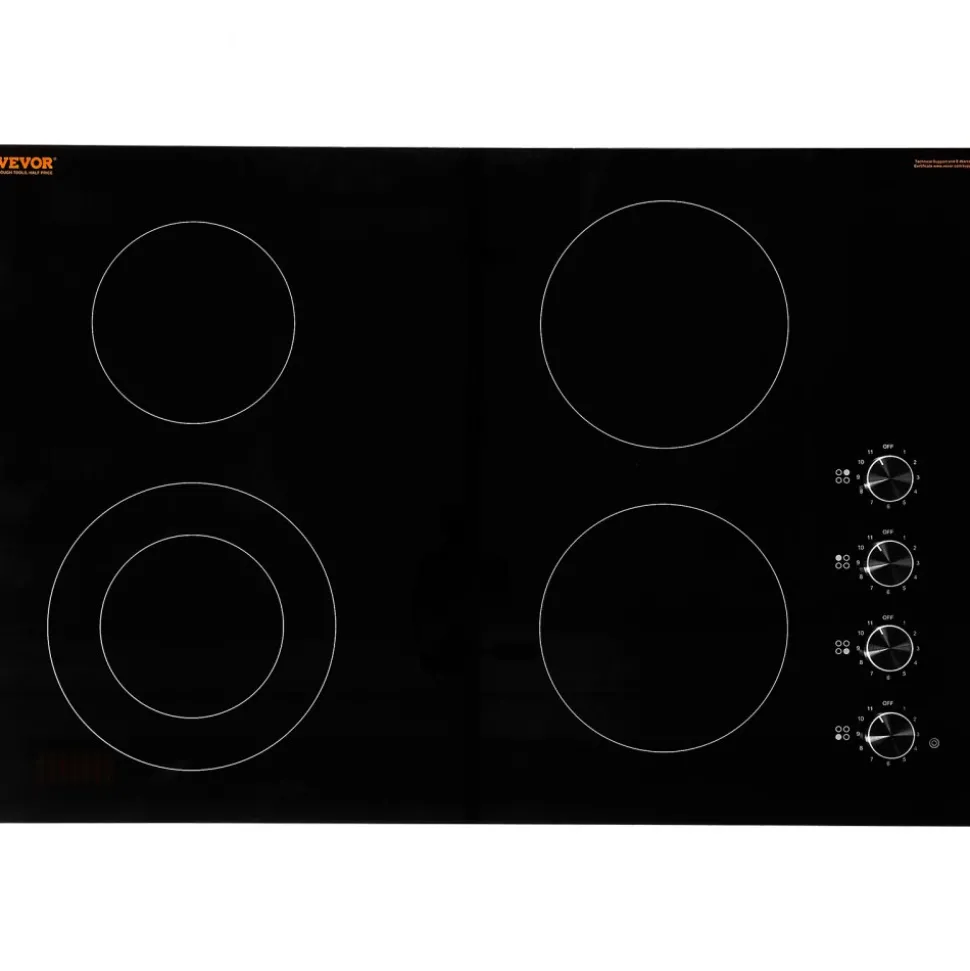 VEVOR Electric Cooktop, 30 inch 4 Burners Built-in Electric Stove Top, 7200W Ceramic Top Radiant Cooktop, with Glass Panel, Knob Control, 11 Heat Levels, 220-240V, Hard Wire (No Plug)