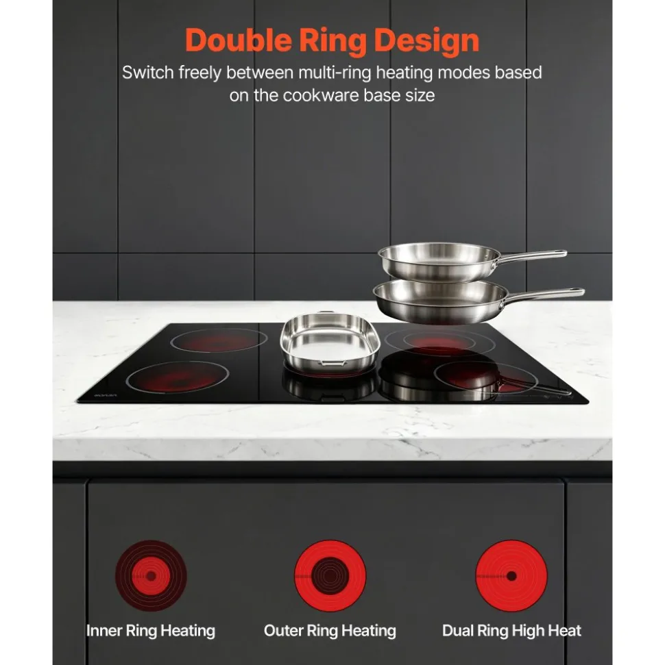 VEVOR Electric Cooktop 30inch 5 Burners Stove Top 8900W 220V No Plug, Ceramic Built-in Radiant Electric Stove , with 9 Power Levels, Timer, Child Lock, Over-Heat Guard, Touch Control