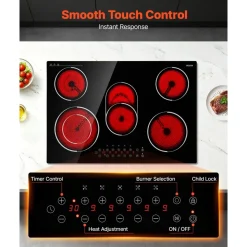 VEVOR Electric Cooktop 30inch 5 Burners Stove Top 8900W 220V No Plug, Ceramic Built-in Radiant Electric Stove , with 9 Power Levels, Timer, Child Lock, Over-Heat Guard, Touch Control
