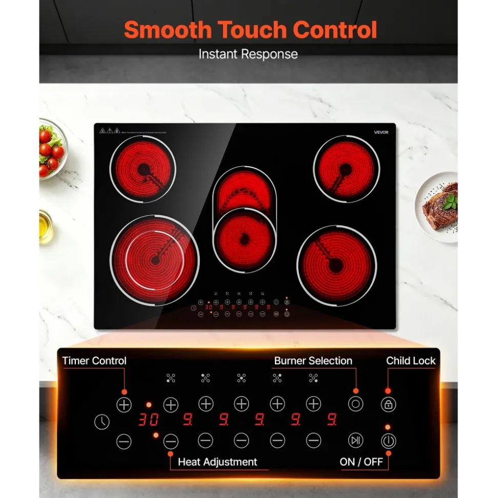 VEVOR Electric Cooktop 30inch 5 Burners Stove Top 8900W 220V No Plug, Ceramic Built-in Radiant Electric Stove , with 9 Power Levels, Timer, Child Lock, Over-Heat Guard, Touch Control