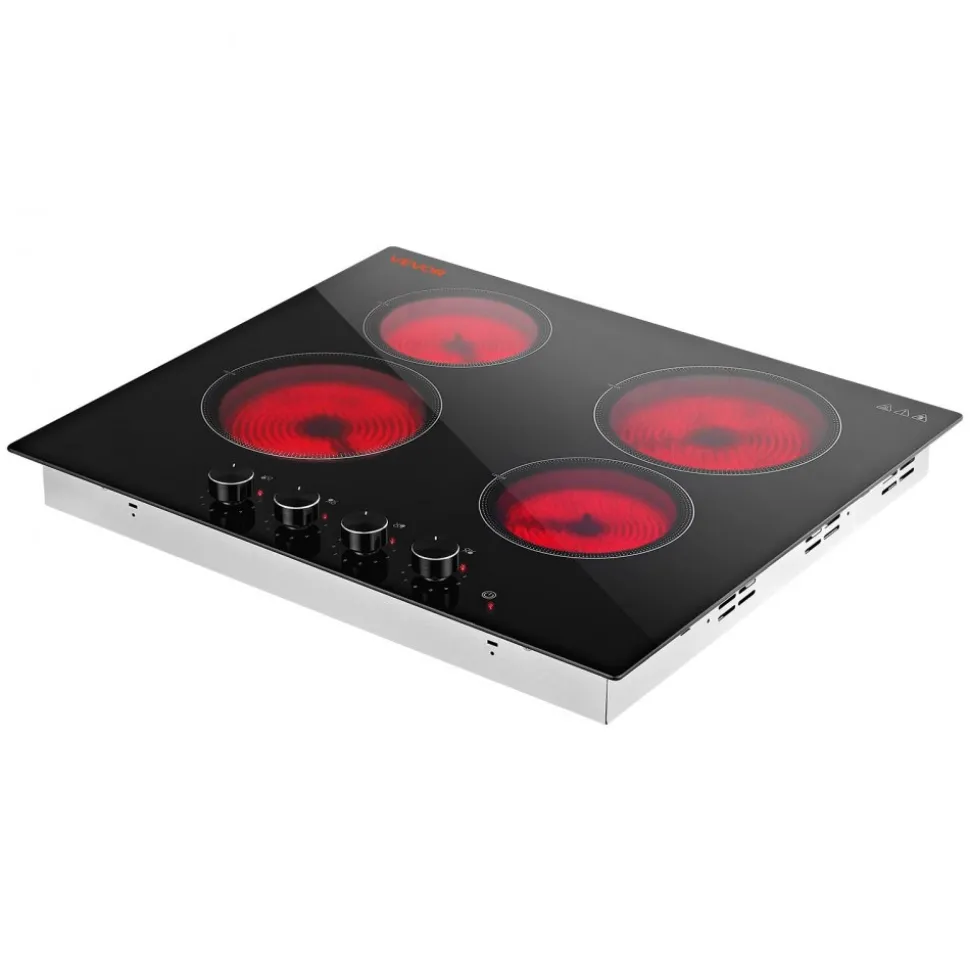 VEVOR Electric Cooktop 24inch 4 Burners Stove Top 6000W 220V No Plug, Ceramic Built-in Radiant Electric Stove , with 11 Power Levels, Over-Heat Guard, Knob Control, for Diverse Cooking Requirements