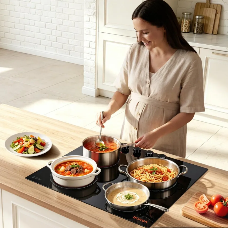 VEVOR Electric Cooktop 24inch 4 Burners Stove Top 6000W 220V No Plug, Ceramic Built-in Radiant Electric Stove , with 11 Power Levels, Over-Heat Guard, Knob Control, for Diverse Cooking Requirements