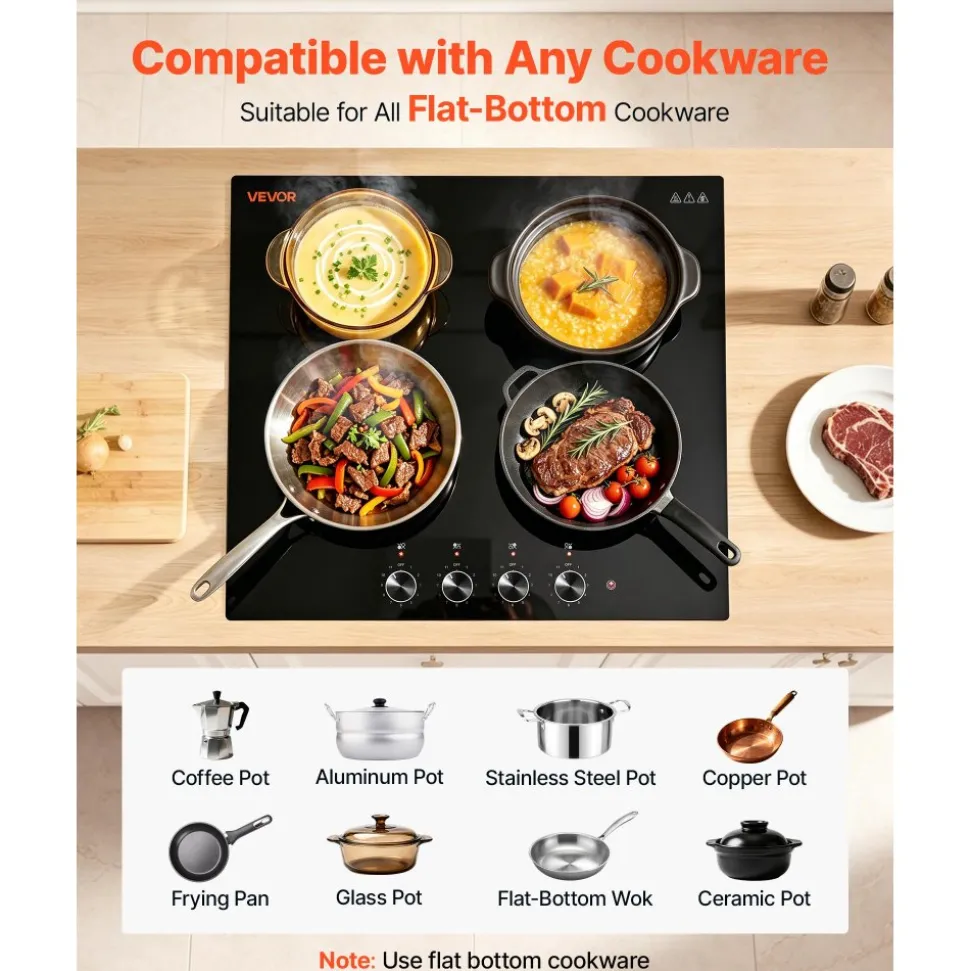 VEVOR Electric Cooktop 24inch 4 Burners Stove Top 6000W 220V No Plug, Ceramic Built-in Radiant Electric Stove , with 11 Power Levels, Over-Heat Guard, Knob Control, for Diverse Cooking Requirements