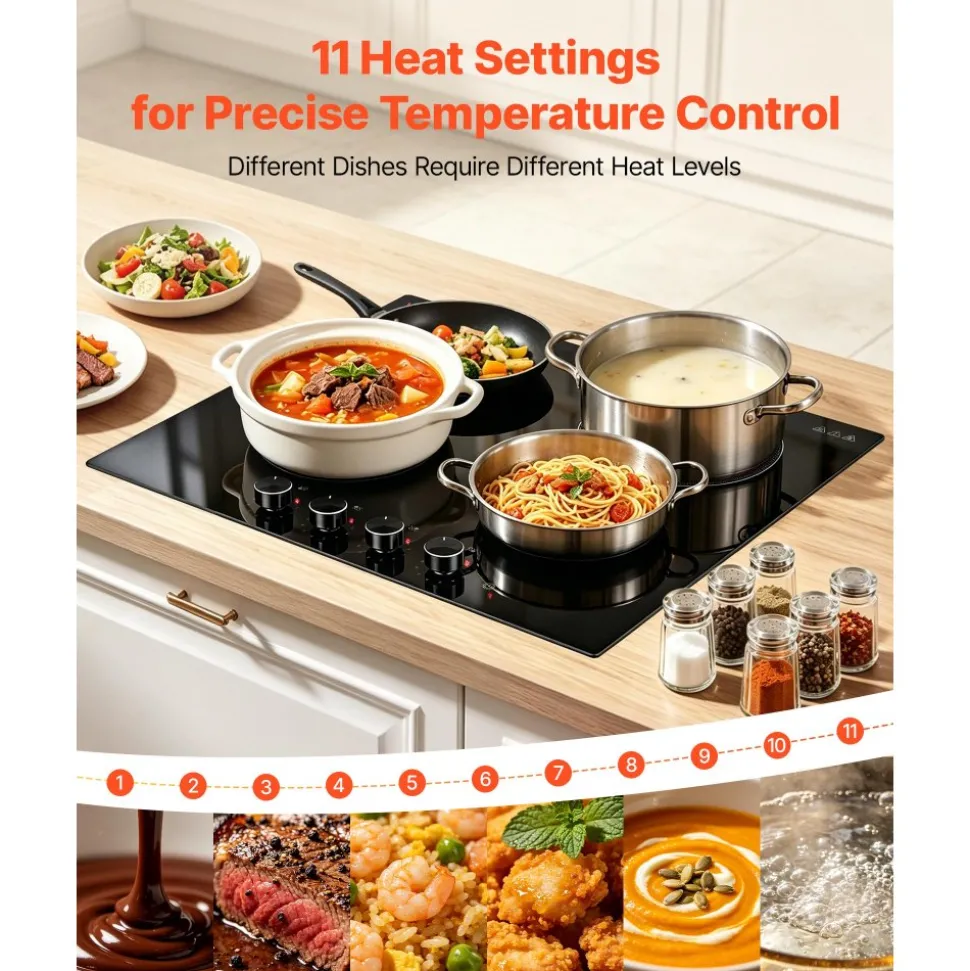 VEVOR Electric Cooktop 24inch 4 Burners Stove Top 6000W 220V No Plug, Ceramic Built-in Radiant Electric Stove , with 11 Power Levels, Over-Heat Guard, Knob Control, for Diverse Cooking Requirements