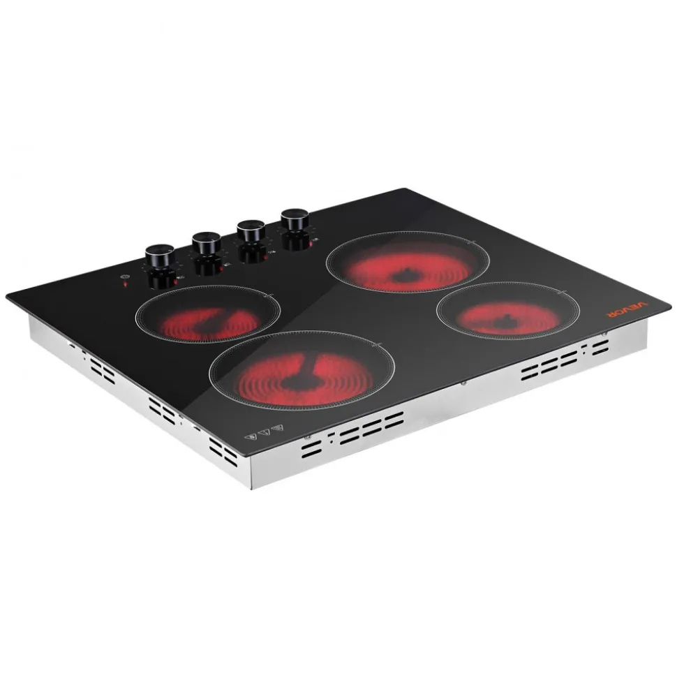 VEVOR Electric Cooktop 24inch 4 Burners Stove Top 6000W 220V No Plug, Ceramic Built-in Radiant Electric Stove , with 11 Power Levels, Over-Heat Guard, Knob Control, for Diverse Cooking Requirements