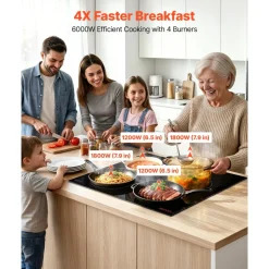 VEVOR Electric Cooktop 24inch 4 Burners Stove Top 6000W 220V No Plug, Ceramic Built-in Radiant Electric Stove , with 11 Power Levels, Over-Heat Guard, Knob Control, for Diverse Cooking Requirements