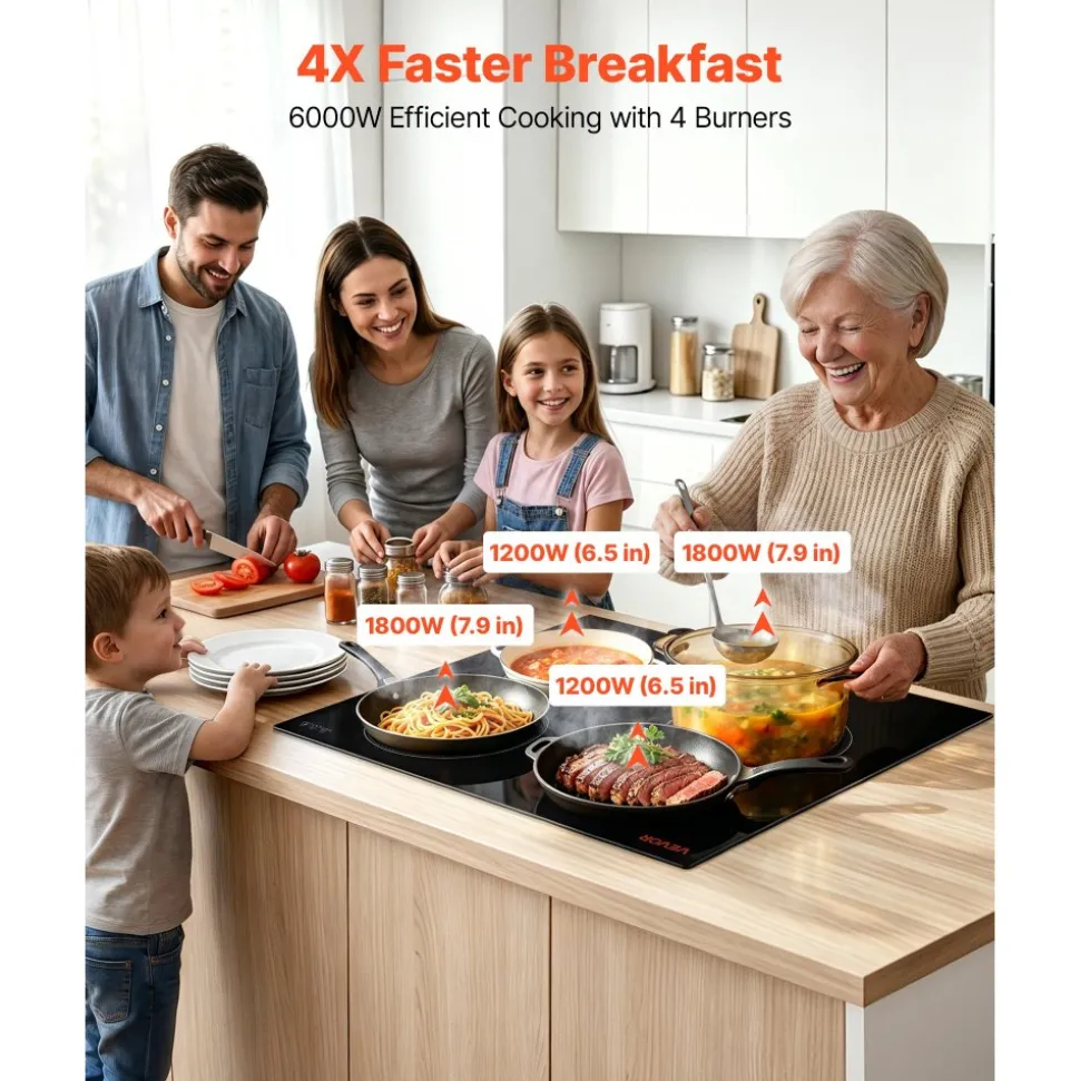 VEVOR Electric Cooktop 24inch 4 Burners Stove Top 6000W 220V No Plug, Ceramic Built-in Radiant Electric Stove , with 11 Power Levels, Over-Heat Guard, Knob Control, for Diverse Cooking Requirements