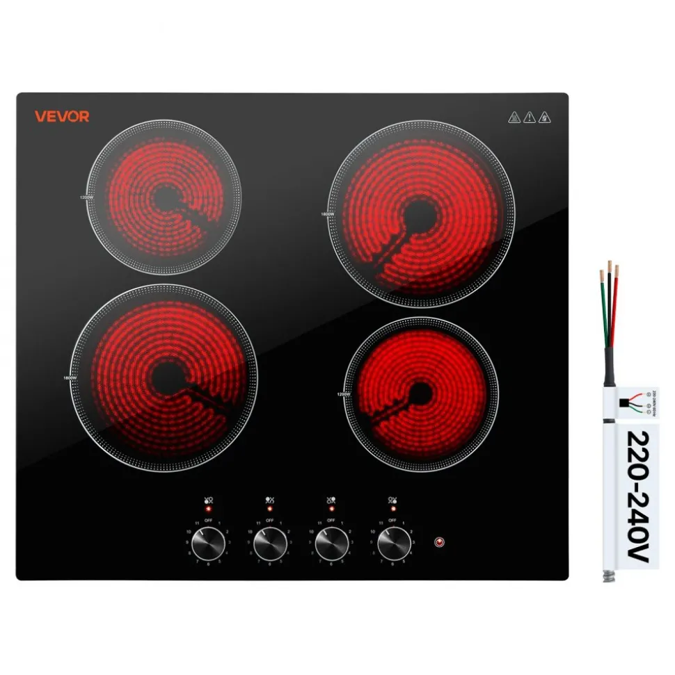 VEVOR Electric Cooktop 24inch 4 Burners Stove Top 6000W 220V No Plug, Ceramic Built-in Radiant Electric Stove , with 11 Power Levels, Over-Heat Guard, Knob Control, for Diverse Cooking Requirements