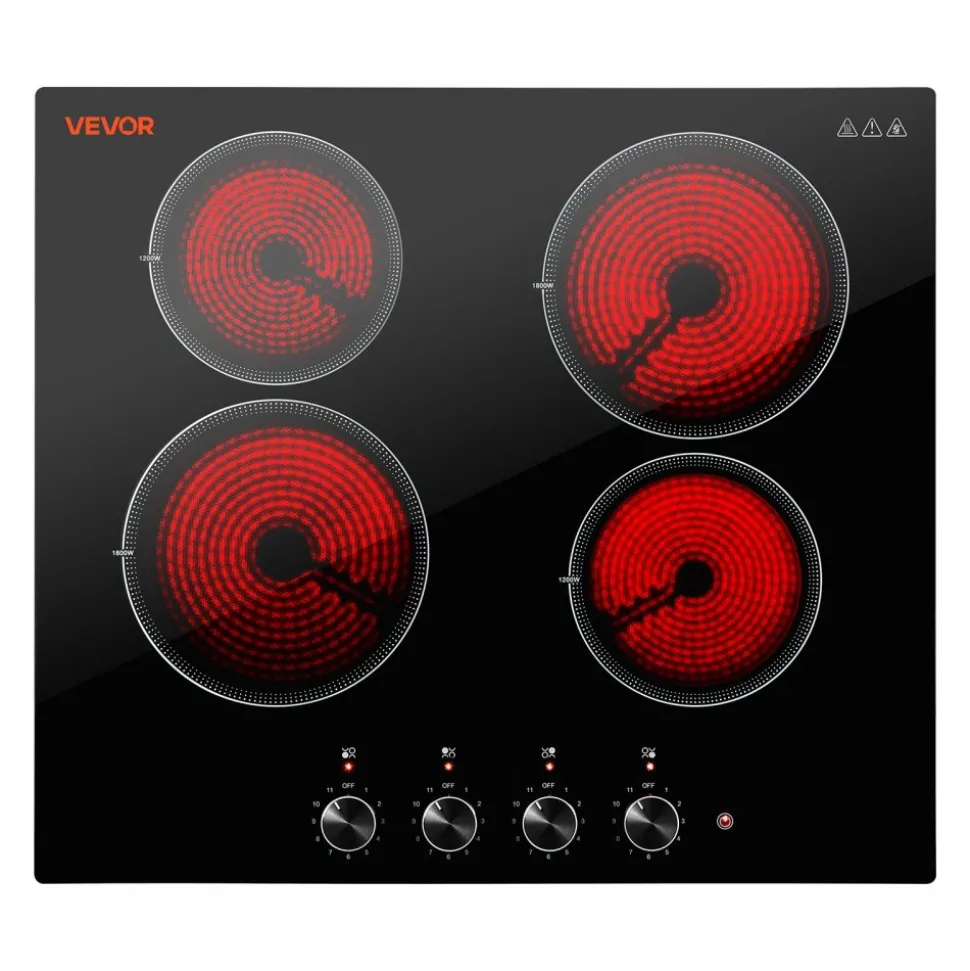 VEVOR Electric Cooktop 24inch 4 Burners Stove Top 6000W 220V No Plug, Ceramic Built-in Radiant Electric Stove , with 11 Power Levels, Over-Heat Guard, Knob Control, for Diverse Cooking Requirements