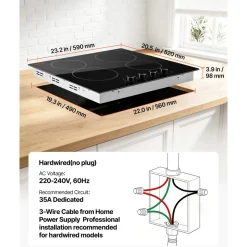 VEVOR Electric Cooktop 24inch 4 Burners Stove Top 6000W 220V No Plug, Ceramic Built-in Radiant Electric Stove , with 11 Power Levels, Over-Heat Guard, Knob Control, for Diverse Cooking Requirements