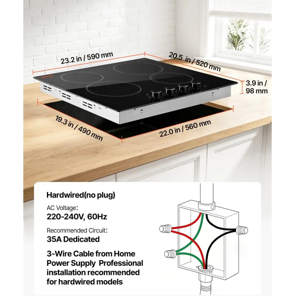 VEVOR Electric Cooktop 24inch 4 Burners Stove Top 6000W 220V No Plug, Ceramic Built-in Radiant Electric Stove , with 11 Power Levels, Over-Heat Guard, Knob Control, for Diverse Cooking Requirements