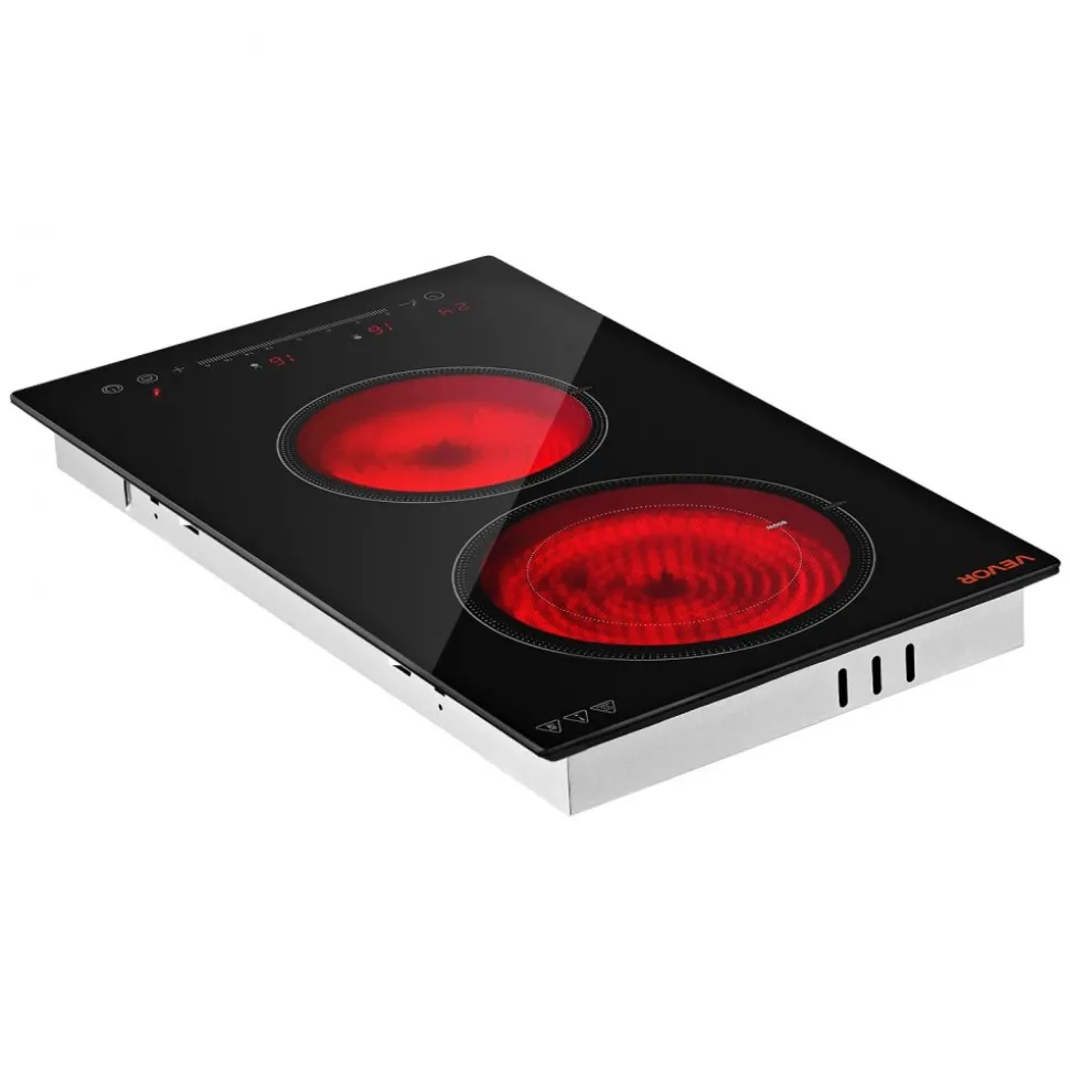 VEVOR Electric Cooktop 12inch 2 Burners Stove Top 3000W 220V No Plug, Ceramic Built-in Radiant Electric Stove, with 9 Power Levels, Timer, Child Lock, Over-Heat Guard, Touch Control
