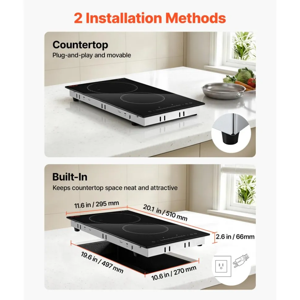 VEVOR Electric Cooktop 12inch 2 Burners Stove Top 3000W 220V No Plug, Ceramic Built-in Radiant Electric Stove, with 9 Power Levels, Timer, Child Lock, Over-Heat Guard, Touch Control