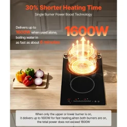 VEVOR Electric Cooktop 12inch 2 Burners Stove Top 3000W 220V No Plug, Ceramic Built-in Radiant Electric Stove, with 9 Power Levels, Timer, Child Lock, Over-Heat Guard, Touch Control
