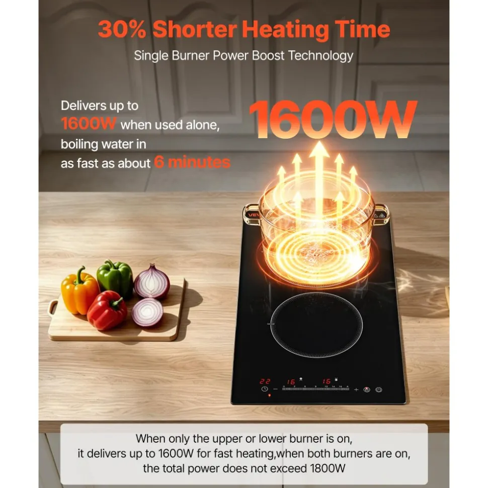 VEVOR Electric Cooktop 12inch 2 Burners Stove Top 3000W 220V No Plug, Ceramic Built-in Radiant Electric Stove, with 9 Power Levels, Timer, Child Lock, Over-Heat Guard, Touch Control