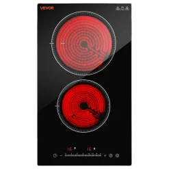 VEVOR Electric Cooktop 12inch 2 Burners Stove Top 3000W 220V No Plug, Ceramic Built-in Radiant Electric Stove, with 9 Power Levels, Timer, Child Lock, Over-Heat Guard, Touch Control