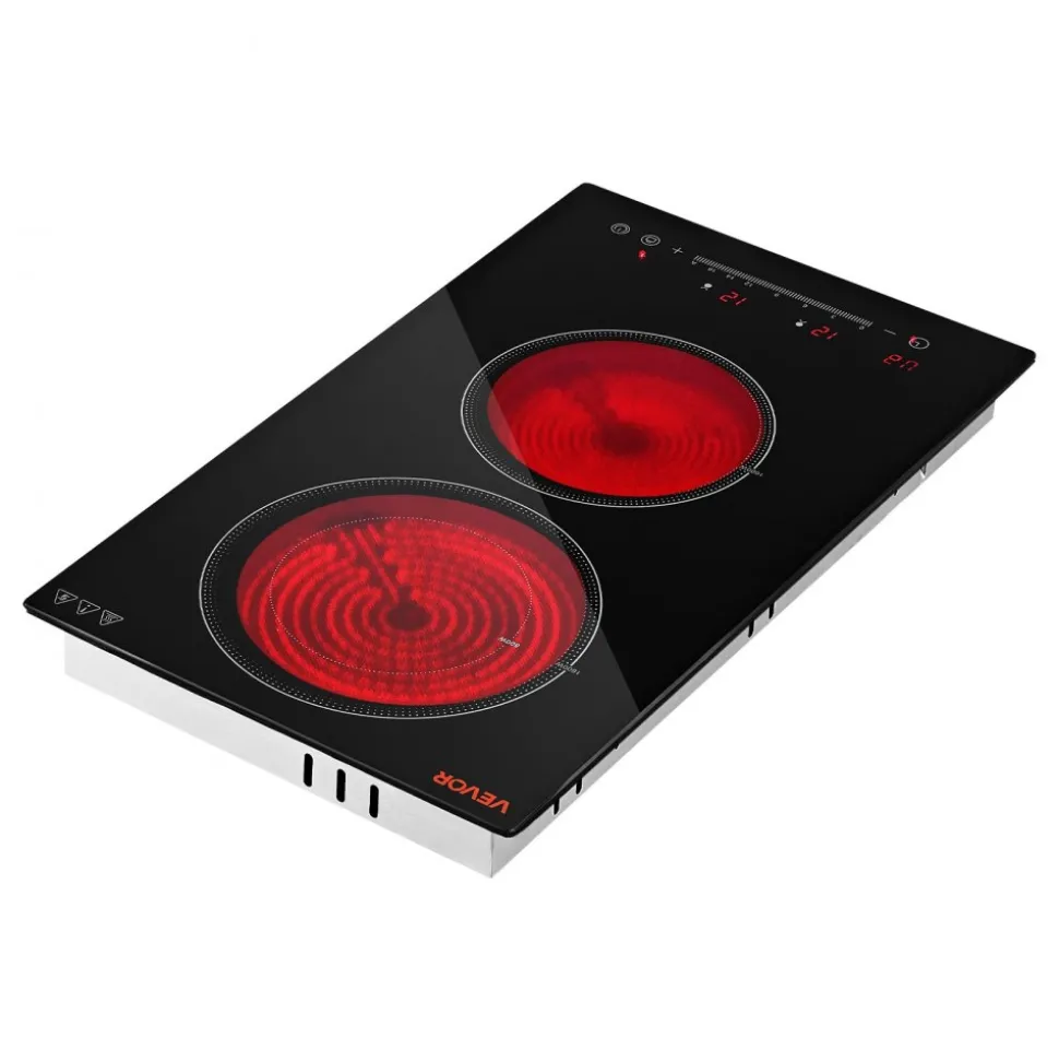 VEVOR Electric Cooktop 12inch 2 Burners Stove Top 3000W 220V No Plug, Ceramic Built-in Radiant Electric Stove, with 9 Power Levels, Timer, Child Lock, Over-Heat Guard, Touch Control