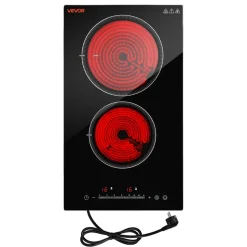 VEVOR Electric Cooktop 12inch 2 Burners Stove Top 3000W 220V No Plug, Ceramic Built-in Radiant Electric Stove, with 9 Power Levels, Timer, Child Lock, Over-Heat Guard, Touch Control