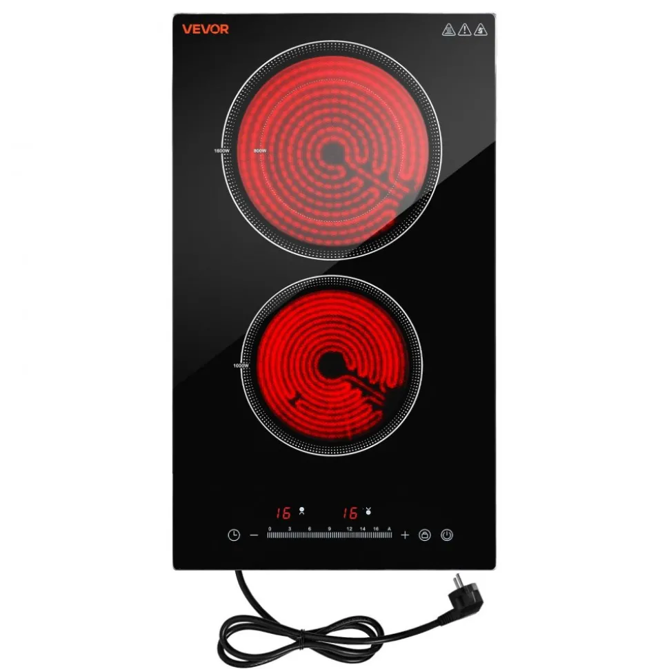 VEVOR Electric Cooktop 12inch 2 Burners Stove Top 3000W 220V No Plug, Ceramic Built-in Radiant Electric Stove, with 9 Power Levels, Timer, Child Lock, Over-Heat Guard, Touch Control