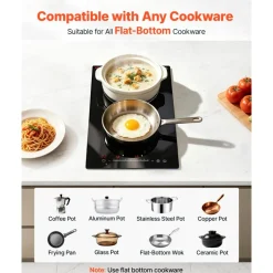 VEVOR Electric Cooktop 12inch 2 Burners Stove Top 3000W 220V No Plug, Ceramic Built-in Radiant Electric Stove, with 9 Power Levels, Timer, Child Lock, Over-Heat Guard, Touch Control