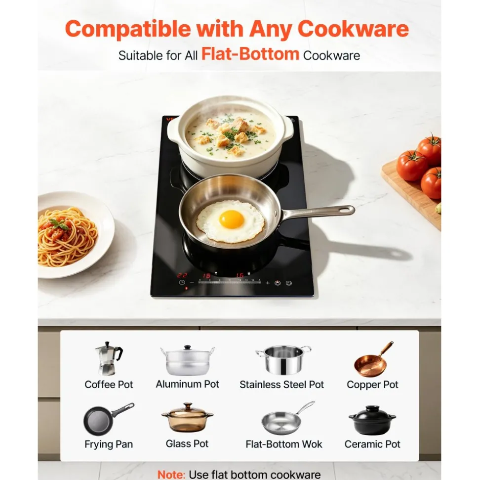 VEVOR Electric Cooktop 12inch 2 Burners Stove Top 3000W 220V No Plug, Ceramic Built-in Radiant Electric Stove, with 9 Power Levels, Timer, Child Lock, Over-Heat Guard, Touch Control