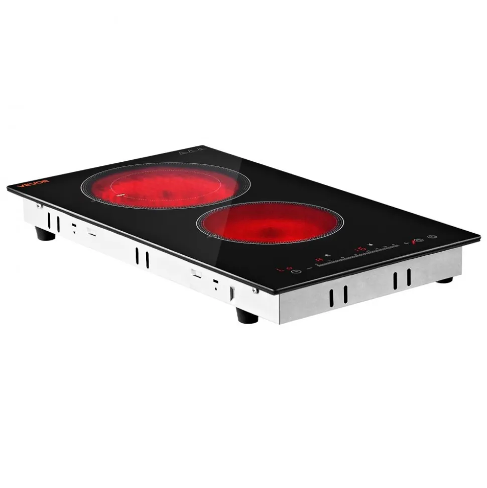 VEVOR Electric Cooktop 12inch 2 Burners Stove Top 3000W 220V No Plug, Ceramic Built-in Radiant Electric Stove, with 9 Power Levels, Timer, Child Lock, Over-Heat Guard, Touch Control