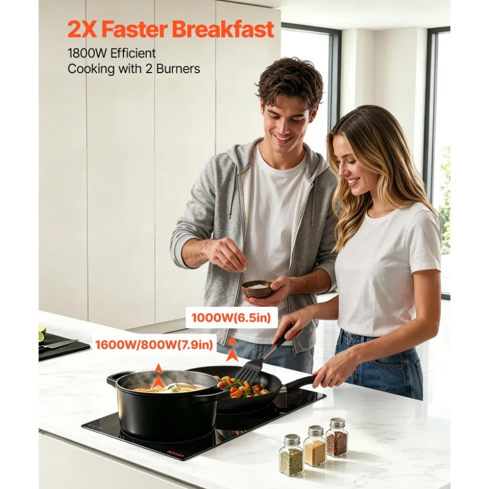 VEVOR Electric Cooktop 12inch 2 Burners Stove Top 3000W 220V No Plug, Ceramic Built-in Radiant Electric Stove, with 9 Power Levels, Timer, Child Lock, Over-Heat Guard, Touch Control