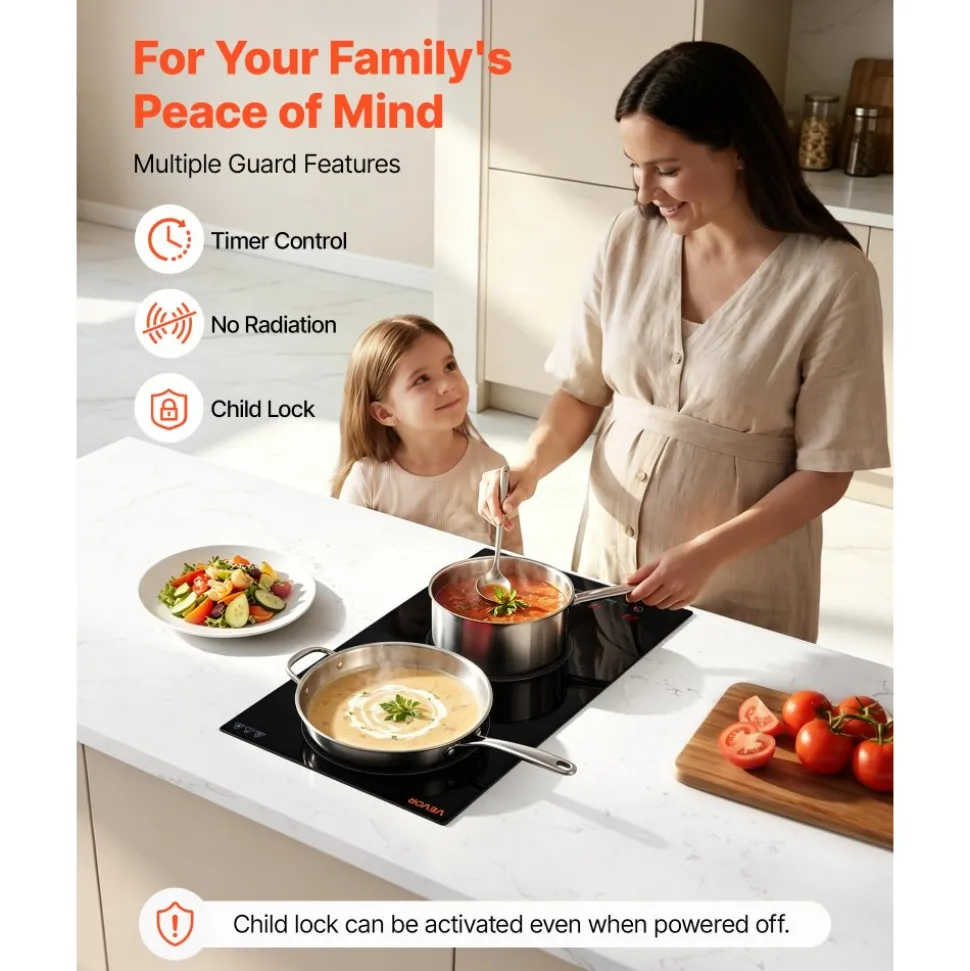VEVOR Electric Cooktop 12inch 2 Burners Stove Top 3000W 220V No Plug, Ceramic Built-in Radiant Electric Stove, with 9 Power Levels, Timer, Child Lock, Over-Heat Guard, Touch Control