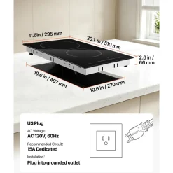 VEVOR Electric Cooktop 12inch 2 Burners Stove Top 3000W 220V No Plug, Ceramic Built-in Radiant Electric Stove, with 9 Power Levels, Timer, Child Lock, Over-Heat Guard, Touch Control