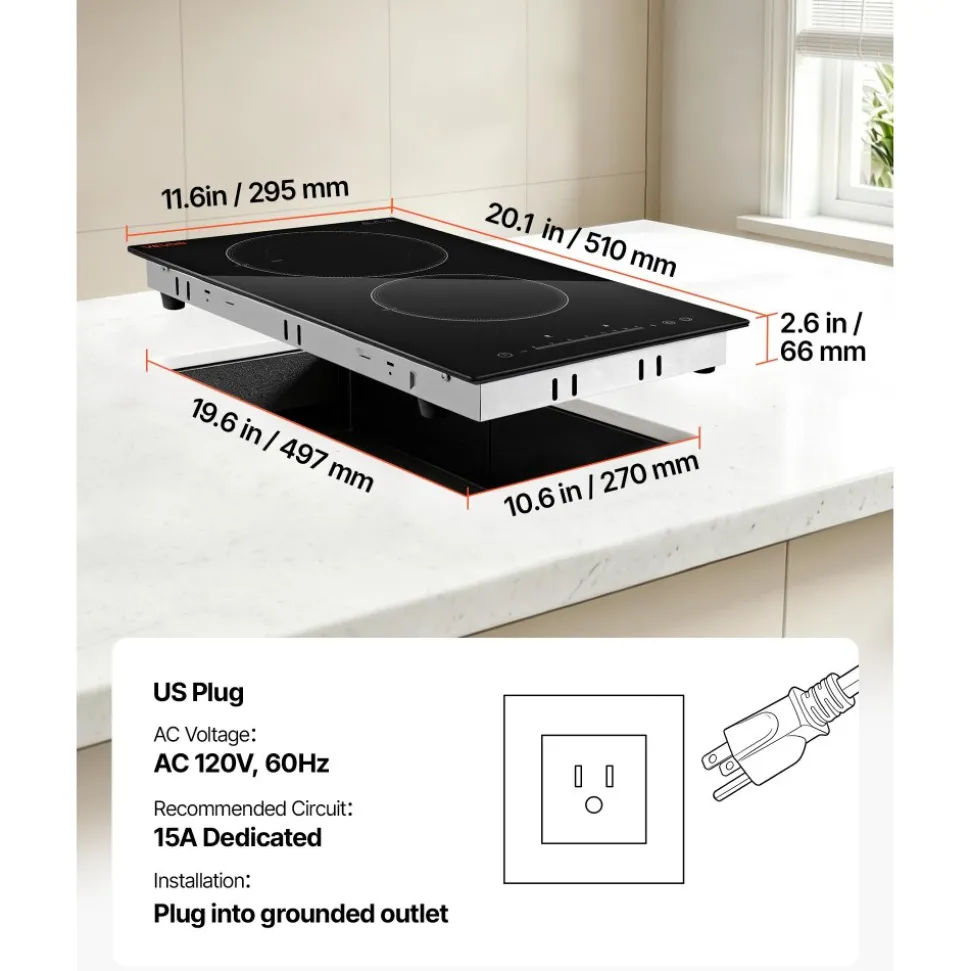 VEVOR Electric Cooktop 12inch 2 Burners Stove Top 3000W 220V No Plug, Ceramic Built-in Radiant Electric Stove, with 9 Power Levels, Timer, Child Lock, Over-Heat Guard, Touch Control