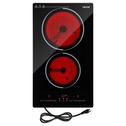 VEVOR Electric Cooktop 12inch 2 Burners Portable Stove Top 1800W 120V, Ceramic Countertop/Built-in Radiant Electric Stove, with 9 Power Levels, Timer, Child Lock, Over-Heat Guard, Touch Control