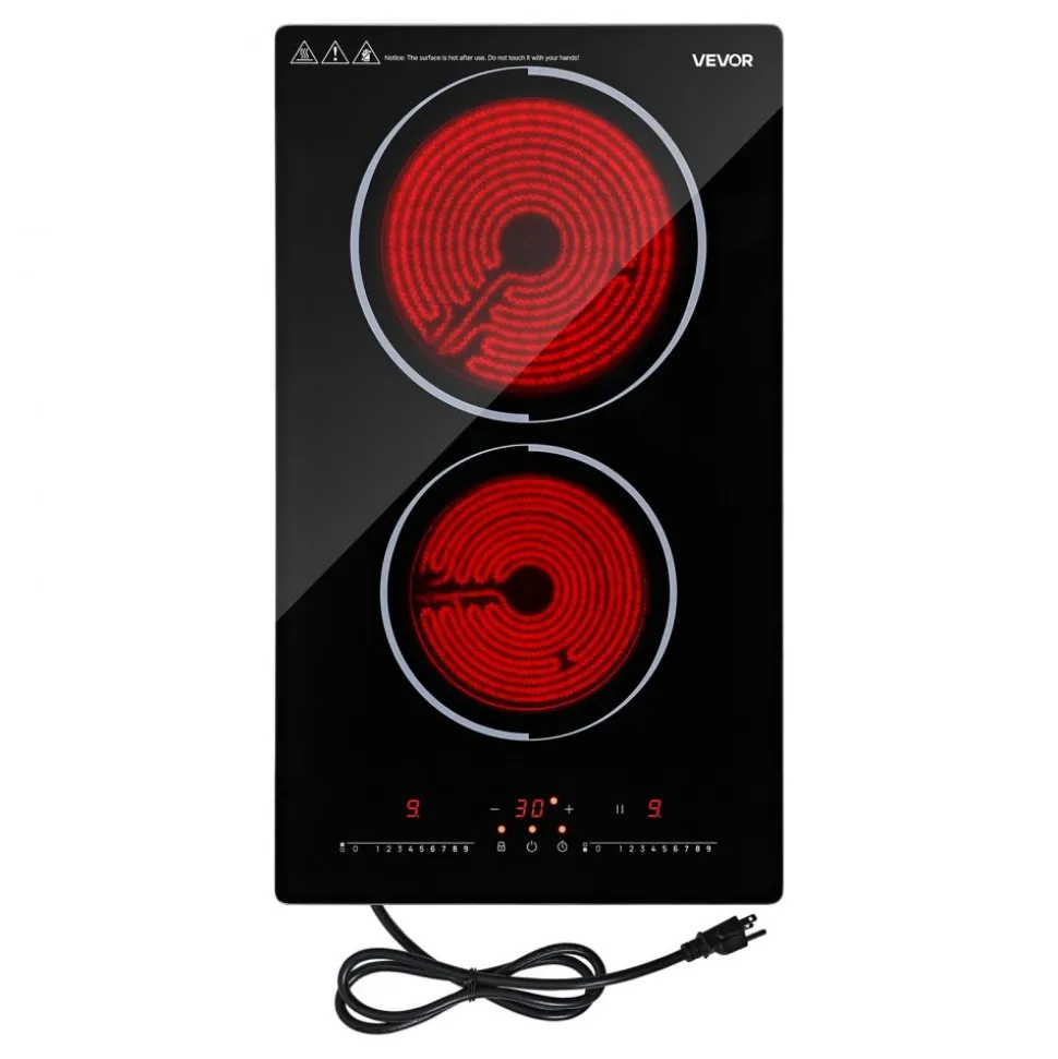 VEVOR Electric Cooktop 12inch 2 Burners Portable Stove Top 1800W 120V, Ceramic Countertop/Built-in Radiant Electric Stove, with 9 Power Levels, Timer, Child Lock, Over-Heat Guard, Touch Control