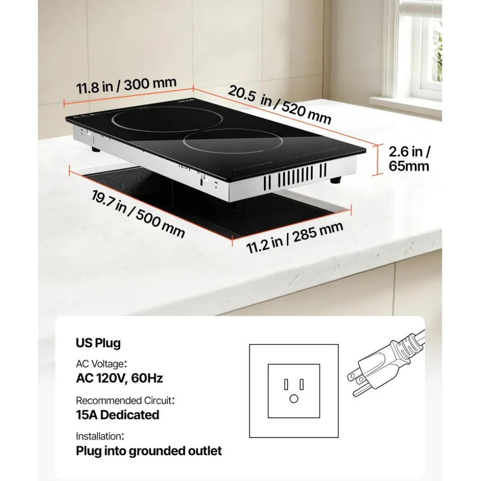 VEVOR Electric Cooktop 12inch 2 Burners Portable Stove Top 1800W 120V, Ceramic Countertop/Built-in Radiant Electric Stove, with 9 Power Levels, Timer, Child Lock, Over-Heat Guard, Touch Control
