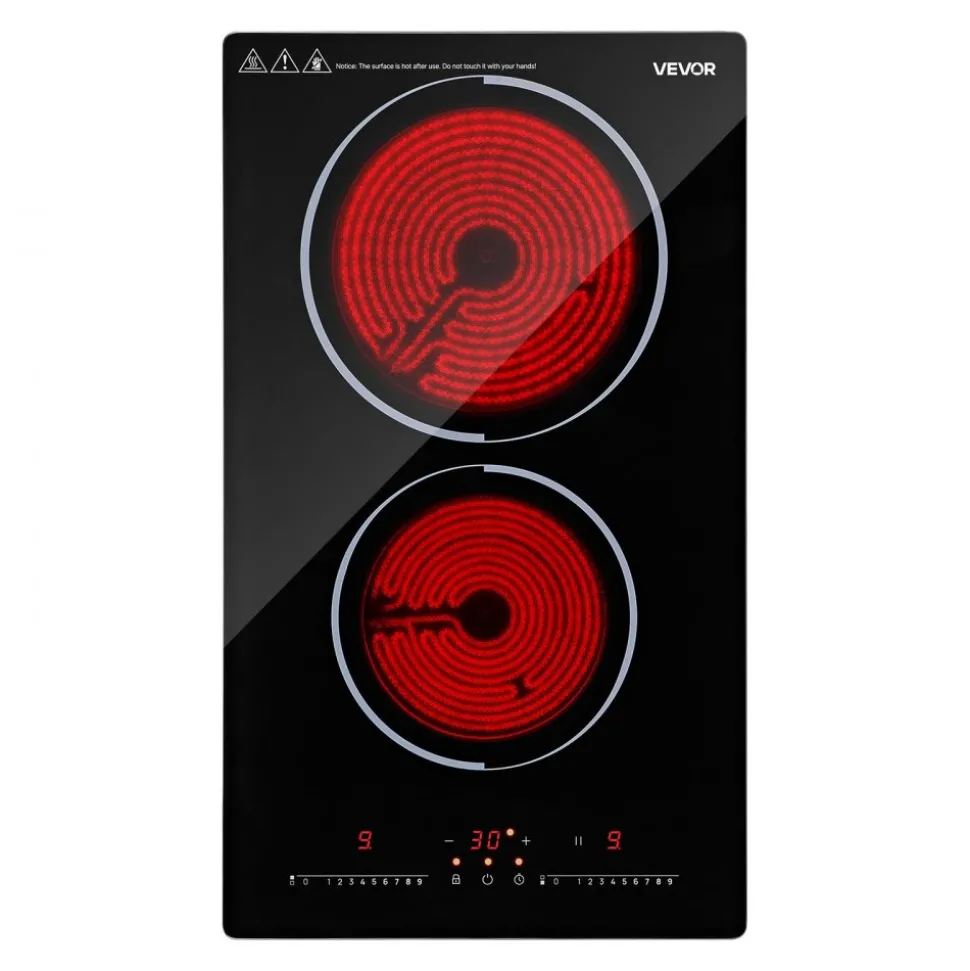 VEVOR Electric Cooktop 12inch 2 Burners Portable Stove Top 1800W 120V, Ceramic Countertop/Built-in Radiant Electric Stove, with 9 Power Levels, Timer, Child Lock, Over-Heat Guard, Touch Control