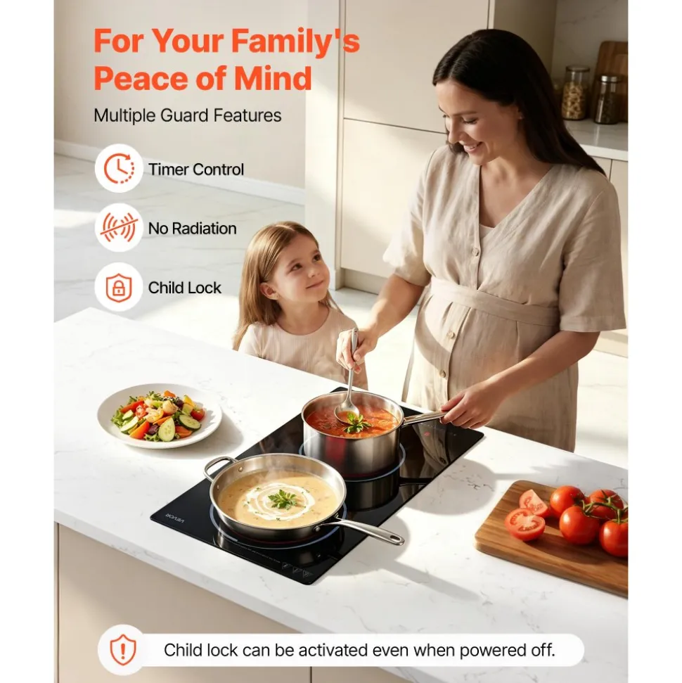 VEVOR Electric Cooktop 12inch 2 Burners Portable Stove Top 1800W 120V, Ceramic Countertop/Built-in Radiant Electric Stove, with 9 Power Levels, Timer, Child Lock, Over-Heat Guard, Touch Control
