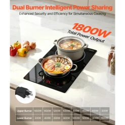 VEVOR Electric Cooktop 12inch 2 Burners Portable Stove Top 1800W 120V, Ceramic Countertop/Built-in Radiant Electric Stove, with 9 Power Levels, Timer, Child Lock, Over-Heat Guard, Touch Control
