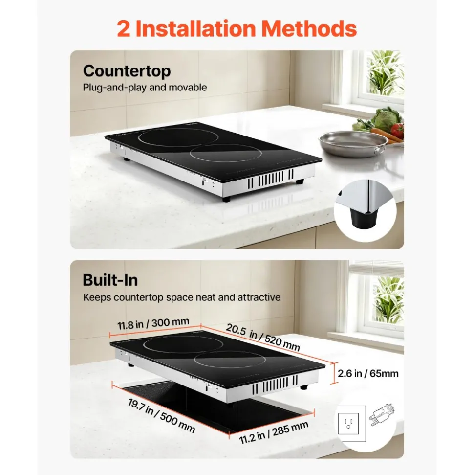 VEVOR Electric Cooktop 12inch 2 Burners Portable Stove Top 1800W 120V, Ceramic Countertop/Built-in Radiant Electric Stove, with 9 Power Levels, Timer, Child Lock, Over-Heat Guard, Touch Control