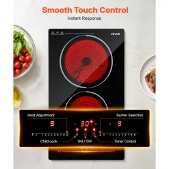 VEVOR Electric Cooktop 12inch 2 Burners Portable Stove Top 1800W 120V, Ceramic Countertop/Built-in Radiant Electric Stove, with 9 Power Levels, Timer, Child Lock, Over-Heat Guard, Touch Control
