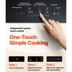 VEVOR Electric Cooktop, 36 inch 5 Burners Built-in Electric Stove Top, 8600W Ceramic Top Radiant Cooktop with Glass Panel, Touch Control, Timer, Child Lock, 9 Heat Level, 220-240V, Hard Wire (No Plug)