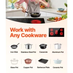 VEVOR Electric Cooktop, 36 inch 5 Burners Built-in Electric Stove Top, 8600W Ceramic Top Radiant Cooktop with Glass Panel, Touch Control, Timer, Child Lock, 9 Heat Level, 220-240V, Hard Wire (No Plug)
