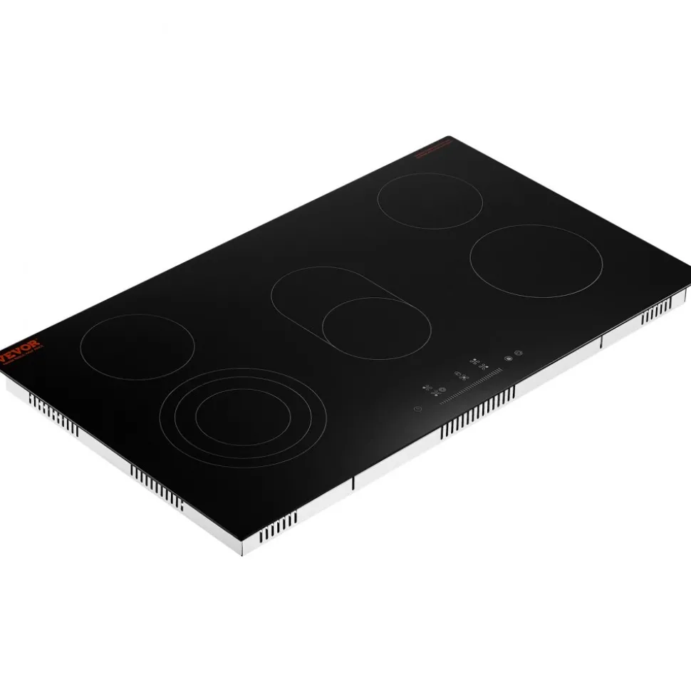 VEVOR Electric Cooktop, 36 inch 5 Burners Built-in Electric Stove Top, 8600W Ceramic Top Radiant Cooktop with Glass Panel, Touch Control, Timer, Child Lock, 9 Heat Level, 220-240V, Hard Wire (No Plug)